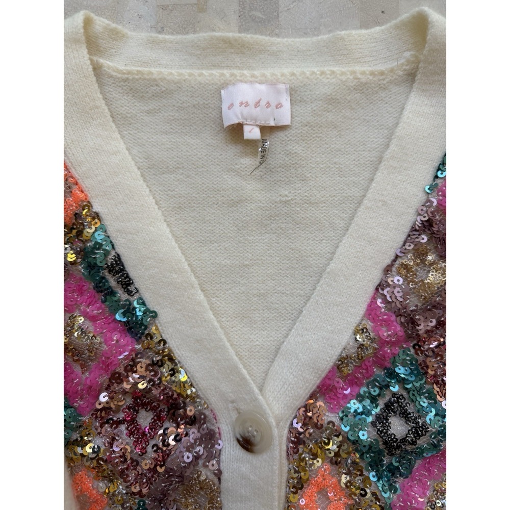 Entro Womens Multi Color Sequin Open Cardigan Boho Queen of sparkles Style Large - Picture 6 of 9